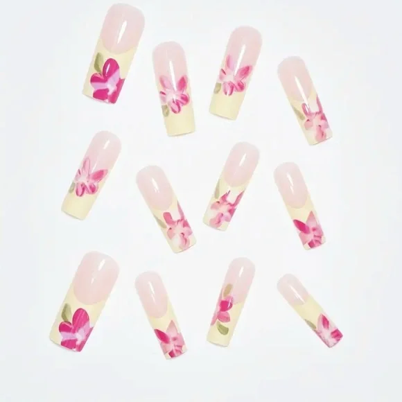 Yellow French Tip & Pink Floral Press On Nail Art Reusable Long Length NWT - Picture 5 of 8